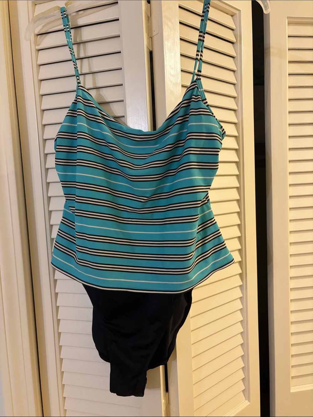 Jantzen Teal, White and Black Striped One-Piece Swim Tankini